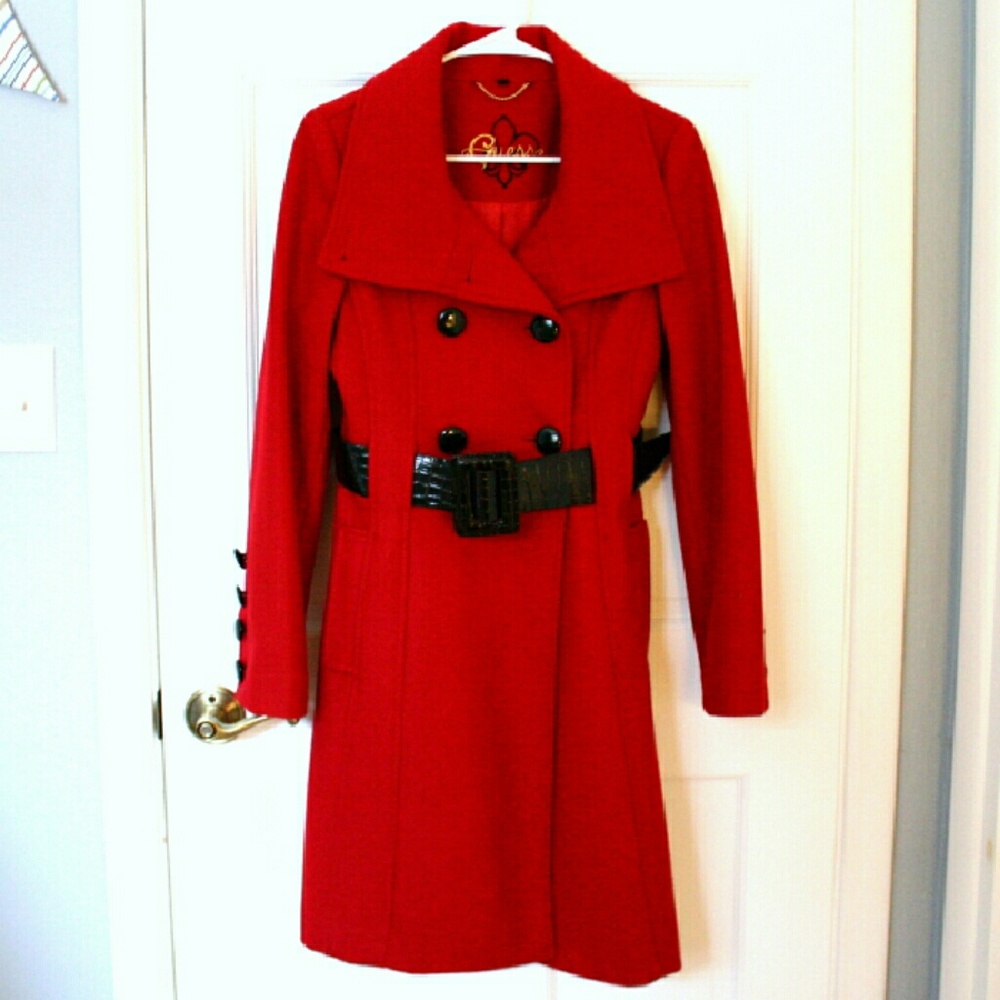 Guess Long Red Coat with Black Belt