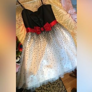 Black/White Polka Dot Dress with Red Bow