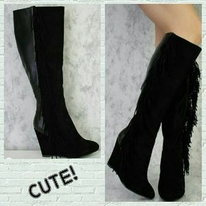 NIB, NWOT Black Fringe Knee High Boots