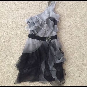 BCBG asymmetrical ruffed tulle cocktail dress.