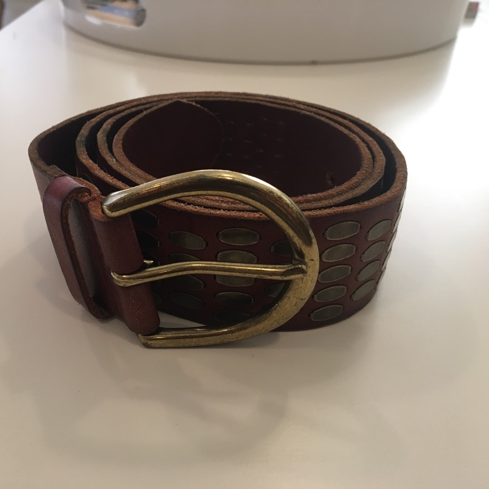 Brown leather belt with vintage gold studs