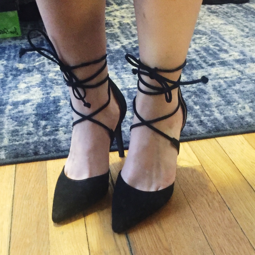 Black Suede Lace Up Pointed Toe Heels