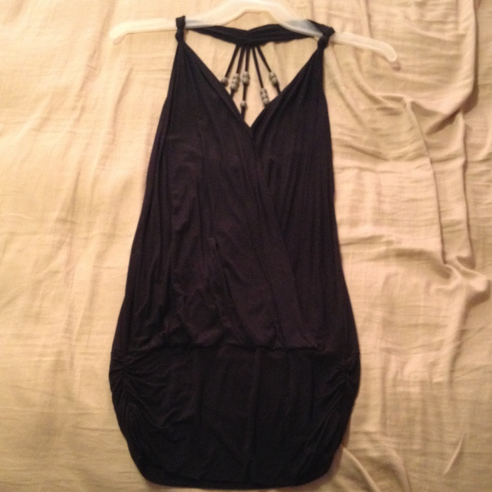 Sexy open back deep plunge black shirt/tunic