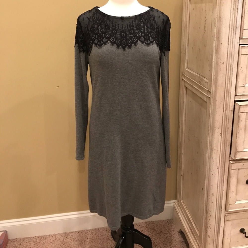 Gray dress with black lace trim