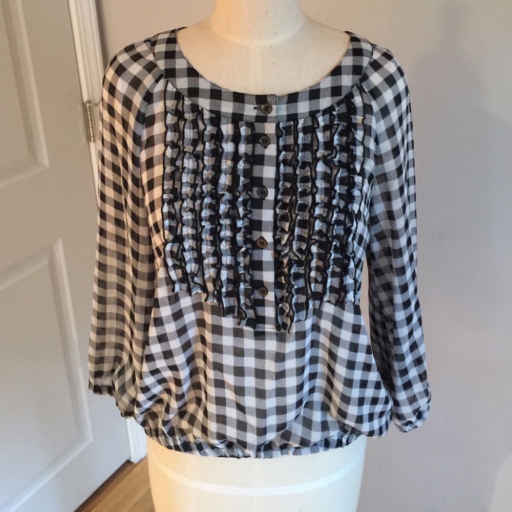 H&M Black and White Gingham Blouse Ruffle Details Button Front Size 8