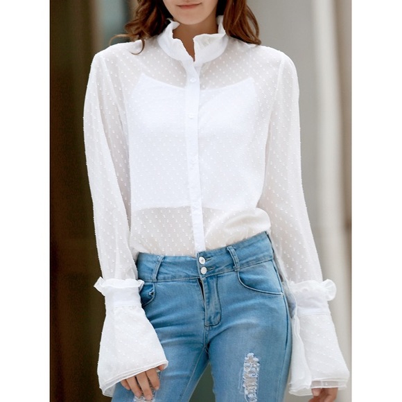 [Boutique] frilled neckline dotted shirt - Picture 3 of 6