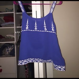 Francesca's Blue Printed Loose Fitting Tank Top.