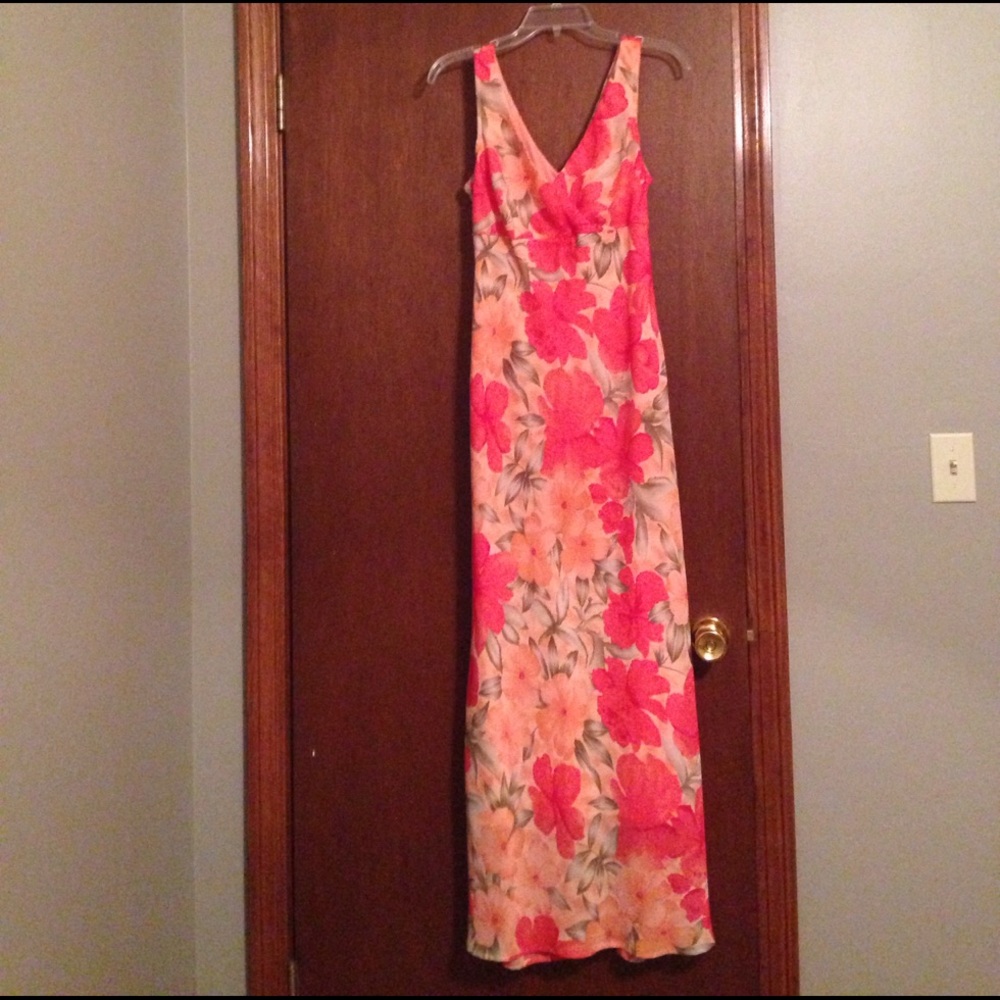 Coral and green maxi dress