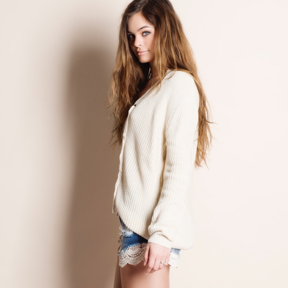 1DAYSALE Lace Up Sweater Top (cream) - Picture 3 of 6