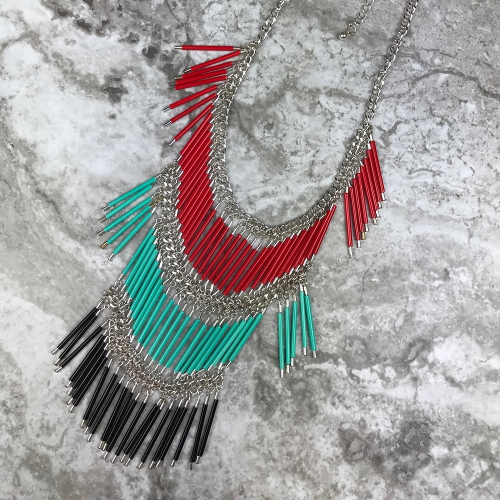 Black, Turquoise, Red & Silver Statement Necklace