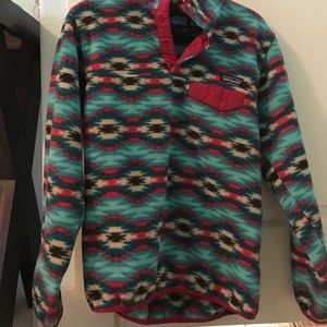 green and pink tribal print patagonia jacket