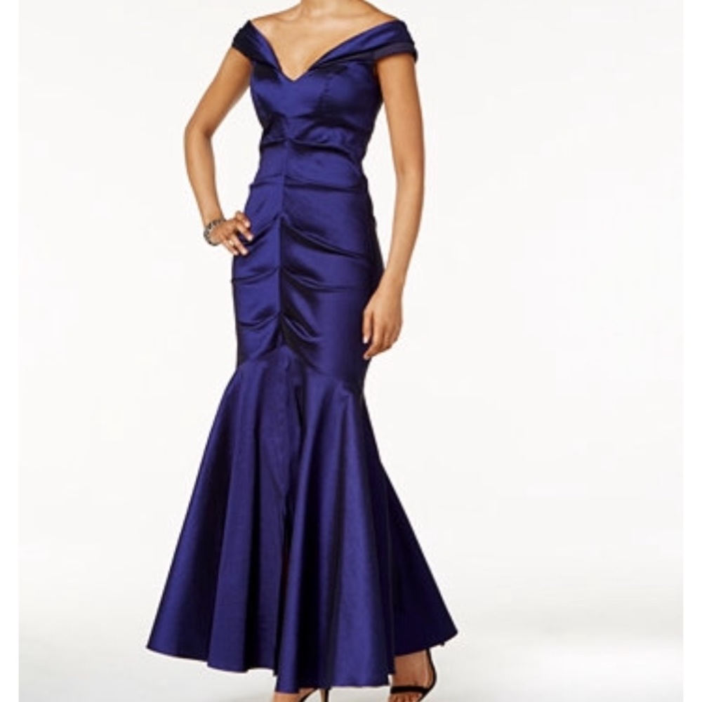 Blue Off the Shoulder Rouched Mermaid Gown