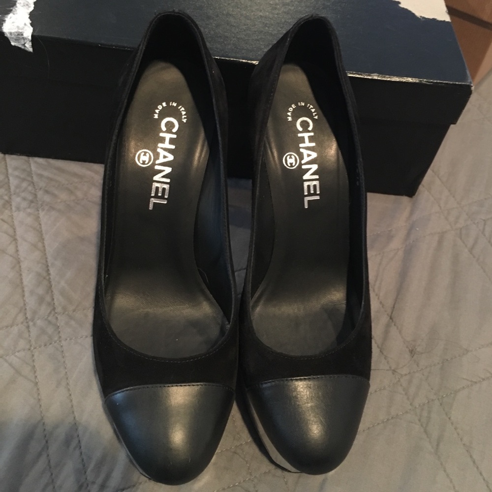 Chanel black and silver platform pumps