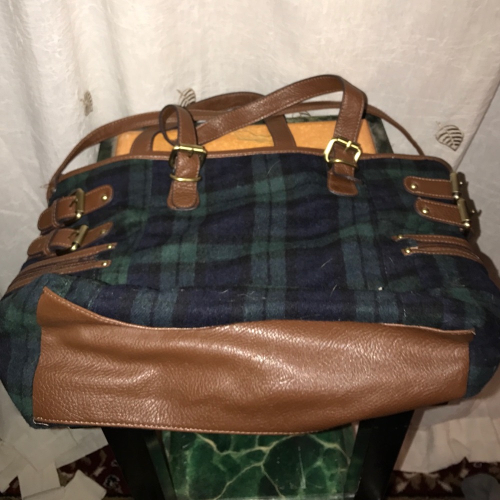 Large plaid wool pocketbook with leather trim