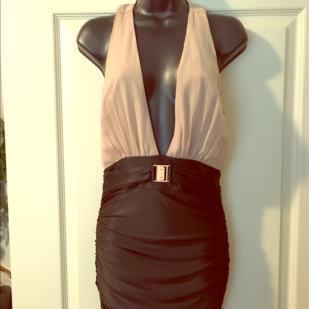 Sexy Black and Tan  low V cut dress