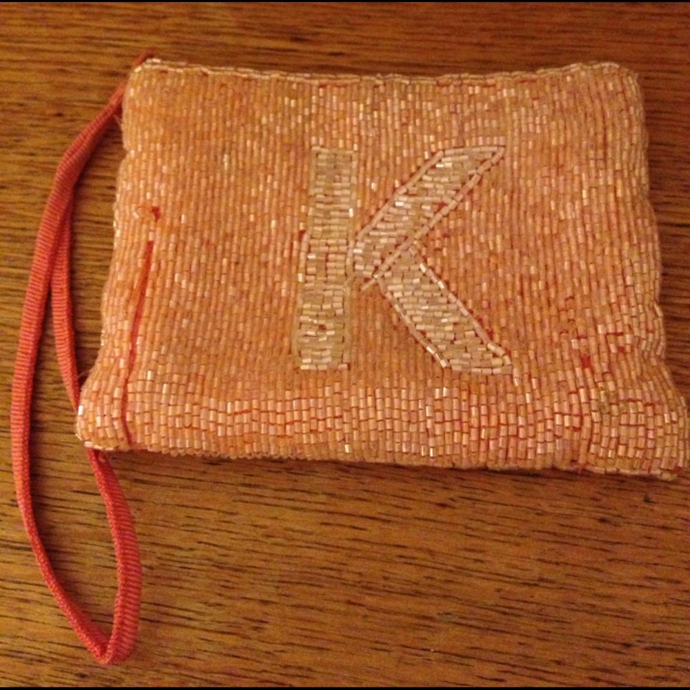 LAST CALL Peach/coral beaded "K" monogrammed pouch