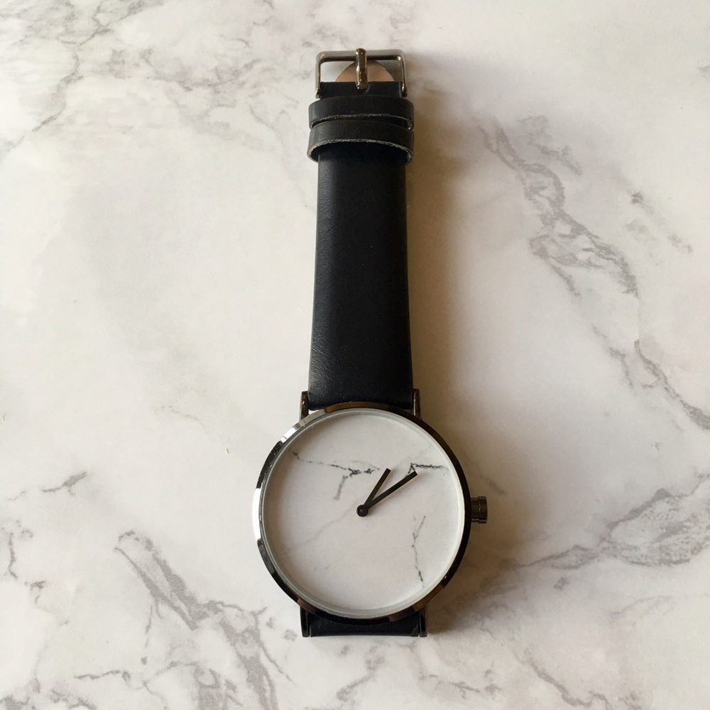 Minimalist Marble Black Leather Strap Watch - Picture 2 of 4