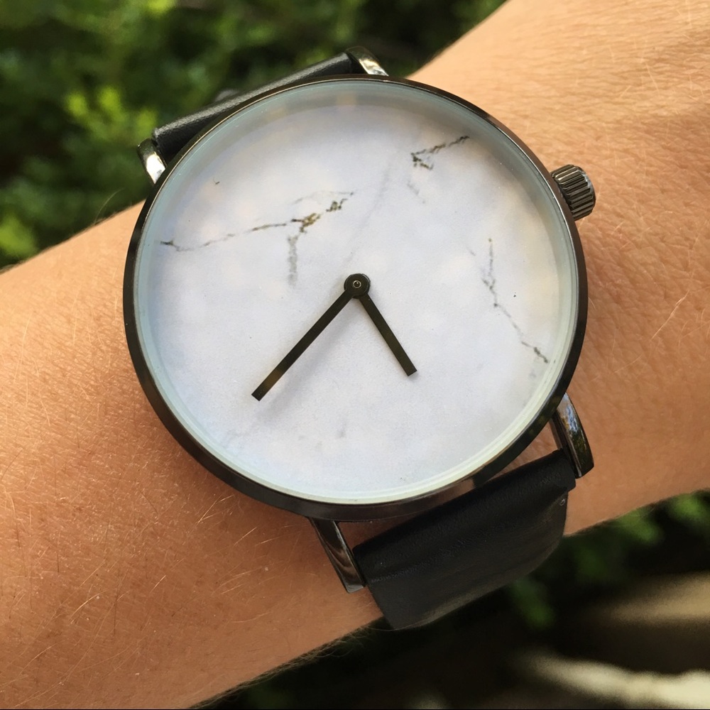 Minimalist Marble Black Leather Strap Watch - Picture 3 of 4