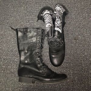 Black lace-up foldover combat boots
