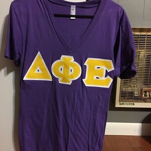 Stitched sorority letters. Delta Phi Epsilon.
