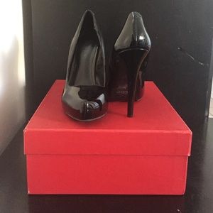 Aldo black patent platform heel