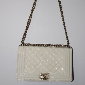 Ivory Quilted Faux Patent Leather Shoulderbag
