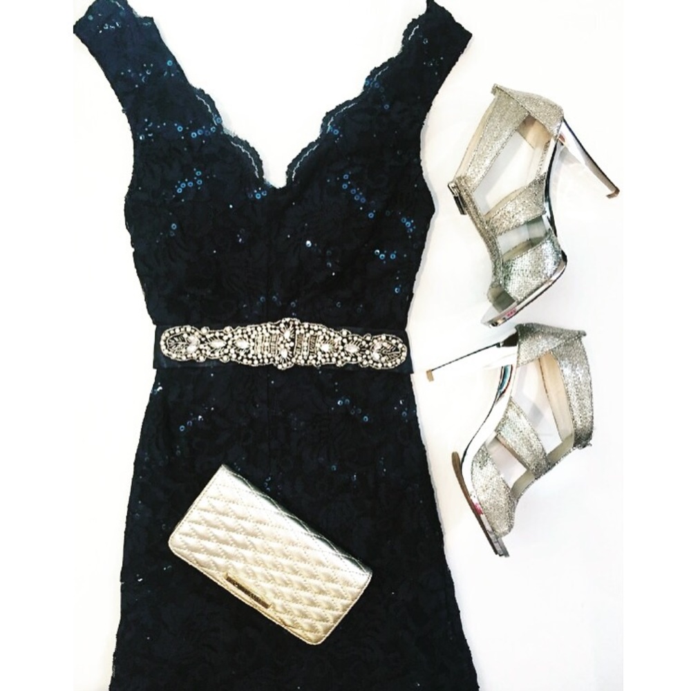 Sparkly Navy Blue Long Lace Dress with matching belt