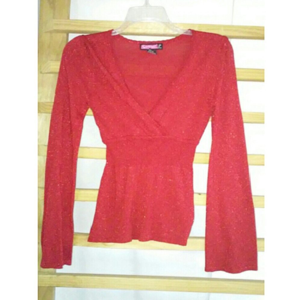 Sexy Metallic Red Low Cut Bell Sleeve Top