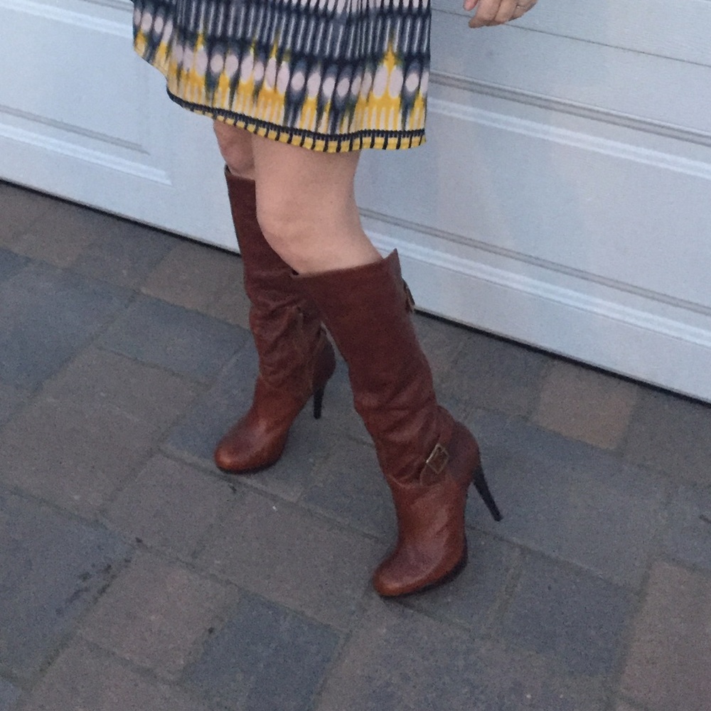 Cognac brown knee high leather boots