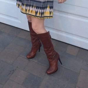 Cognac brown knee high leather boots