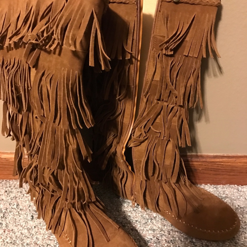 Long fringe knee high boots