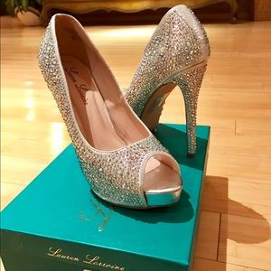 Silver gem encrusted peep toe heels