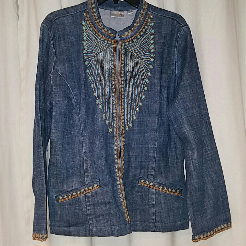 Chicos Denim Jacket w/ turquoise & bronze beads