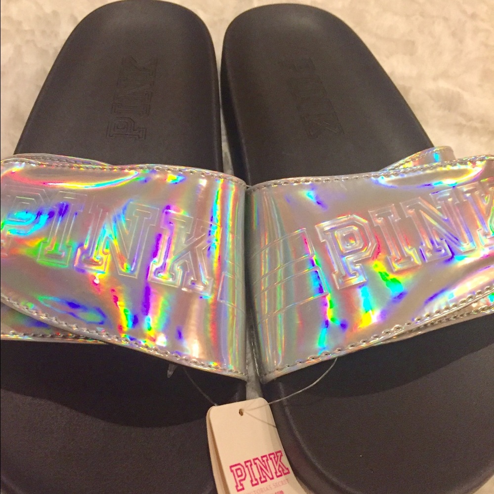💿 PINK Silver Crossover Slides 💿 | Size M (7-8)