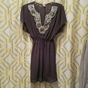 Grey dress with Embellished neck