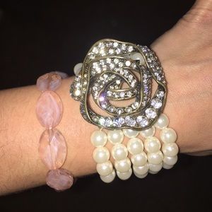 Pearl Flower Bracelet with Pink Beaded Bracelet
