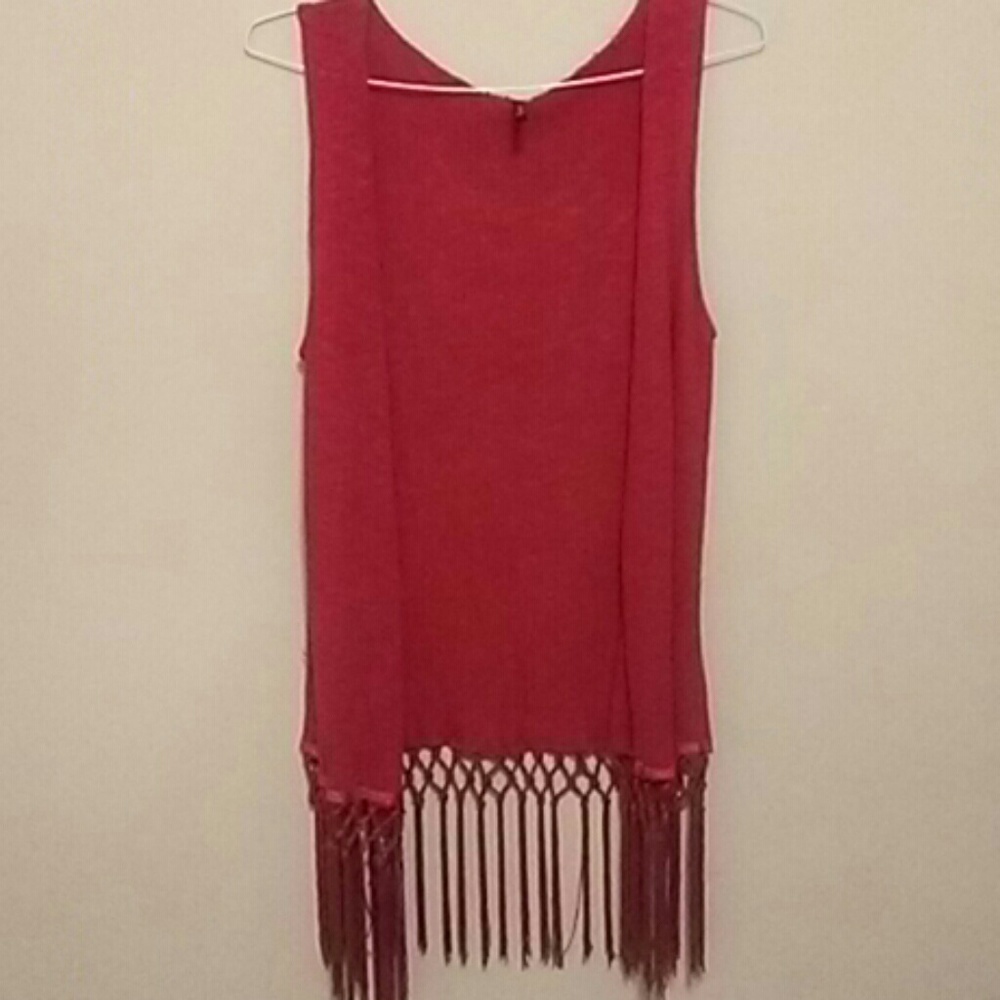 Red sweater fringe vest