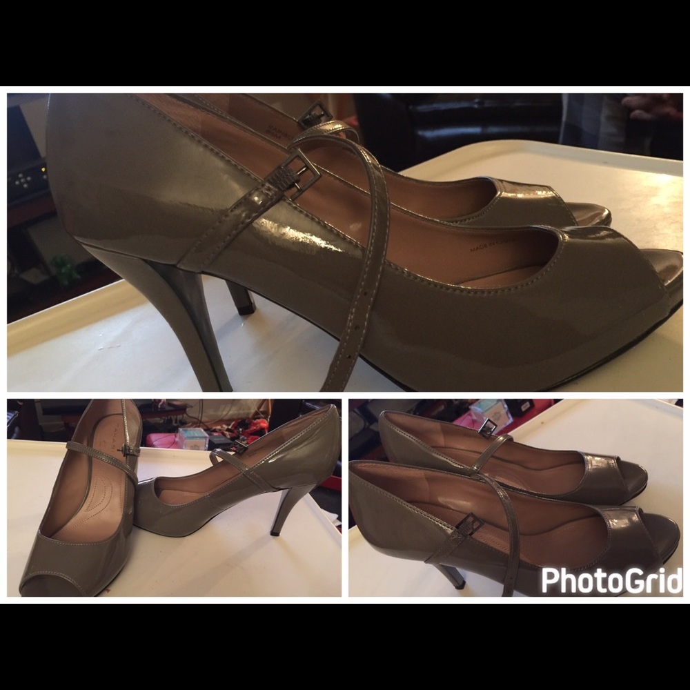 Patent peep toe strap shoe