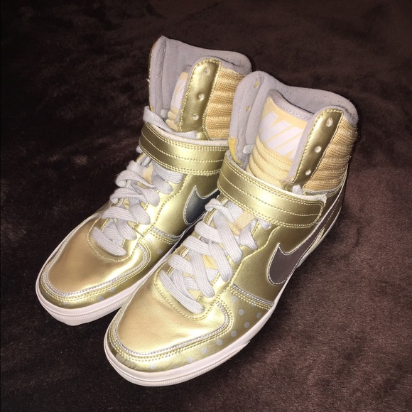 white and gold nike high tops