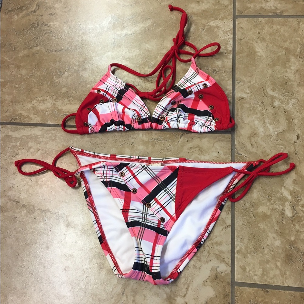 Pink red and white bikini from split