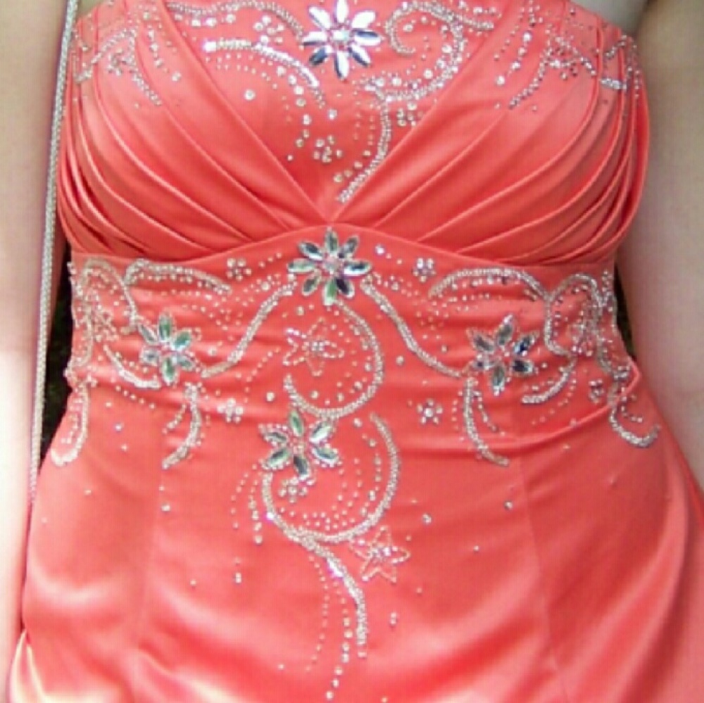 Beaded Strapless Coral Prom Dress w/ Pickup Skirt