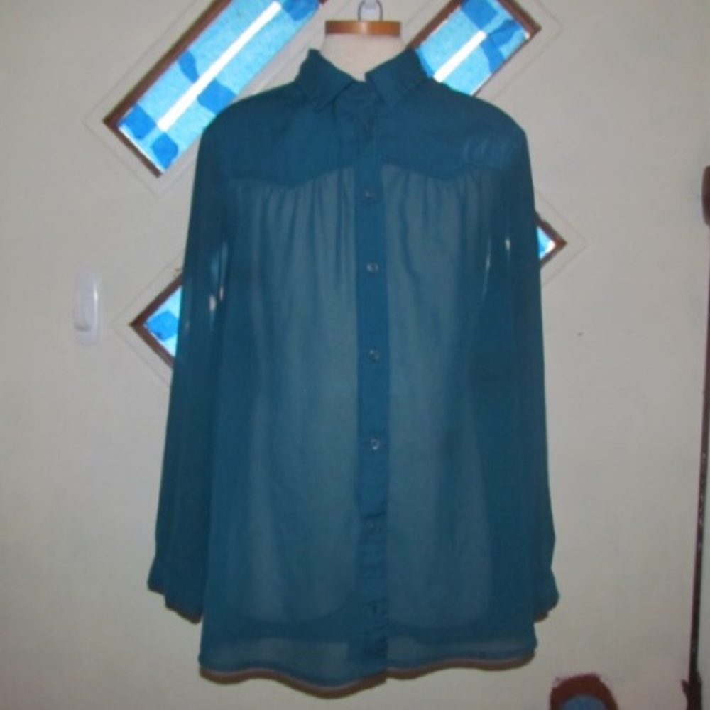 Turquoise Sheer American Eagle Button-up Blouse