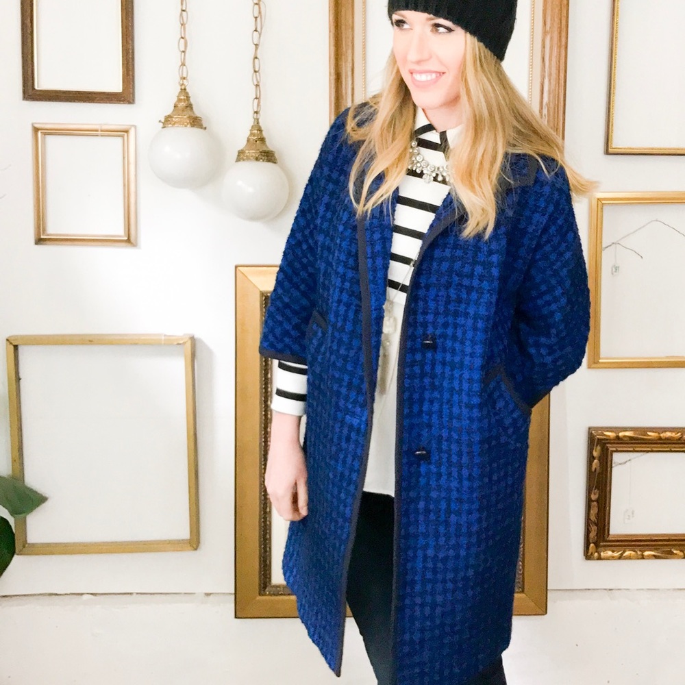 Vintage Blue Navy Houndstooth 60s Car Coat