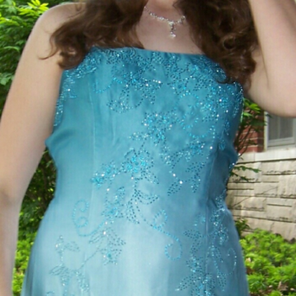 Teal Ombre Crossed Back Prom Dress w/Beading