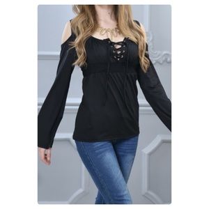  Lace Tie Cold Shoulder Blouse Lace Tie Cold Shoulder Blouse