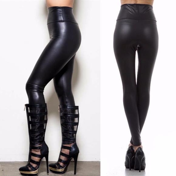 Black Faux Leather Leggings Stretchy Tummy Control - Picture 4 of 9
