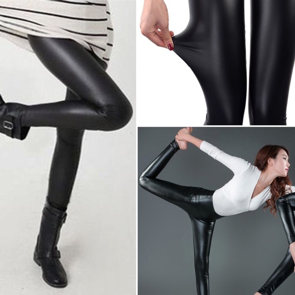 Black Faux Leather Leggings Stretchy Tummy Control - Picture 8 of 9