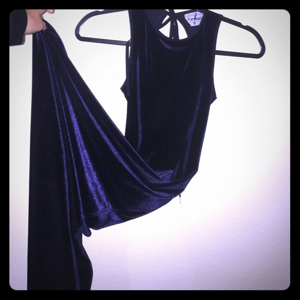 Floor length blue velvet gown