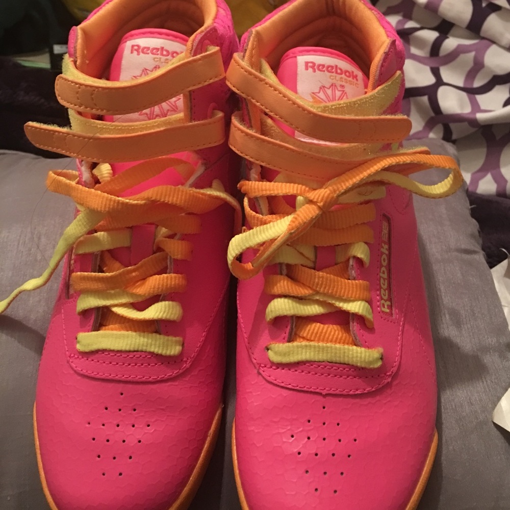 Reebok shoes neon pink orange and yellow! Hi tops