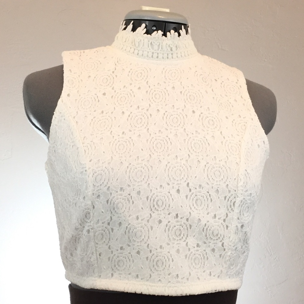 White Lace High Neck Crop Top